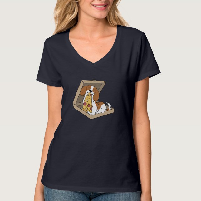Cavalier Kung Charles spanel Eating Pizza Funny D T Shirt (Framsida)