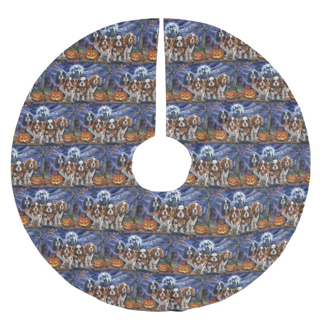 Cavalier Kung Charles spanel Halloween Spooky Julgransmatta Borstad Polyester (Framsidan)