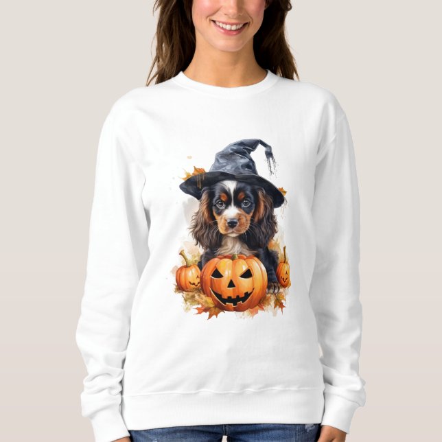 Cavalier Kung Charles spanel Halloween Sweatshirt T Shirt (Framsida)