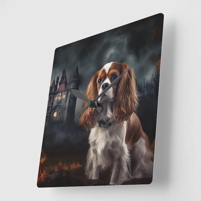 Cavalier Kung Charles Spaniel Halloween Scary Fyrkantig Klocka (Vinkel)