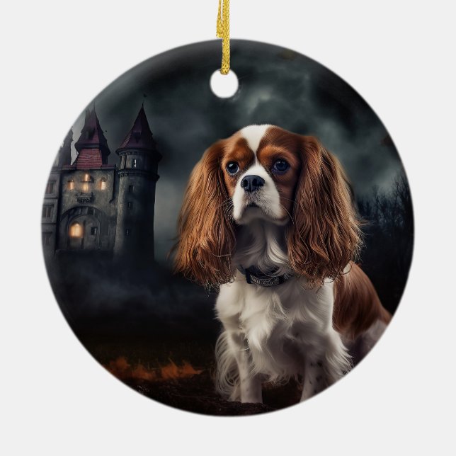 Cavalier Kung Charles Spaniel Halloween Scary Julgransprydnad Keramik (Baksidan)