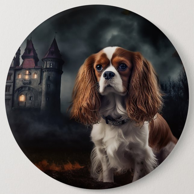 Cavalier Kung Charles Spaniel Halloween Scary Knapp (Framsida)