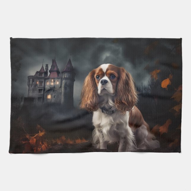 Cavalier Kung Charles Spaniel Halloween Scary Kökshandduk (Horisontell)