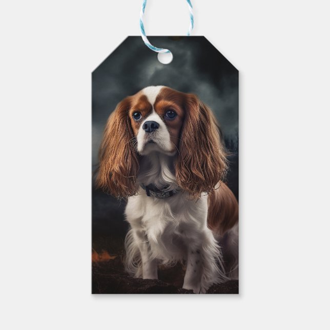 Cavalier Kung Charles Spaniel Halloween Scary Presentetikett (Framsidan)