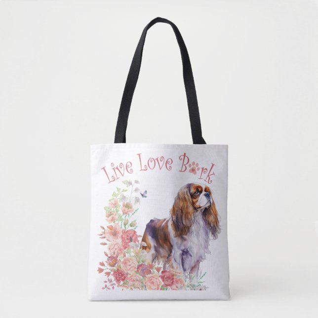 Cavalier Kung Charles Spaniel Hund Mamma Blommigt Tygkasse (Framsida)