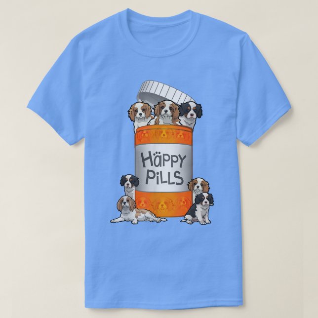 Cavalier Kung Charles Spaniel Lycklig Pills T Shirt (Design framsida)