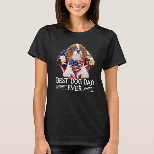 Cavalier Kung Charles Spaniel Pappa American Flagg T Shirt (Framsida)