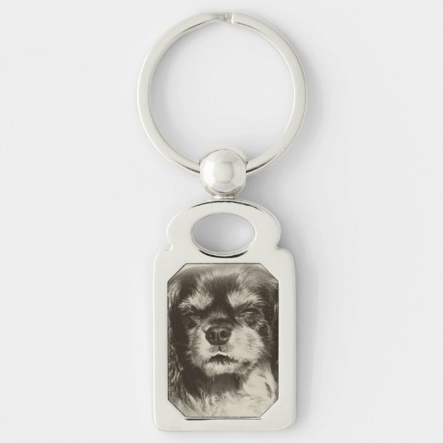 Cavalier Kung Charles Spaniel Rektangulärt Silverfärgad Nyckelring (Framsidan)