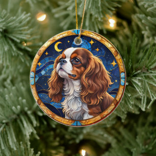 Cavalier Kung Charles Stached Glass Night Himmel M Julgransprydnad Keramik