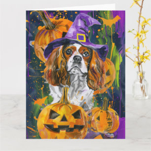 Cavalier Kung Hund Halloween Witch och Pumpkin Kort