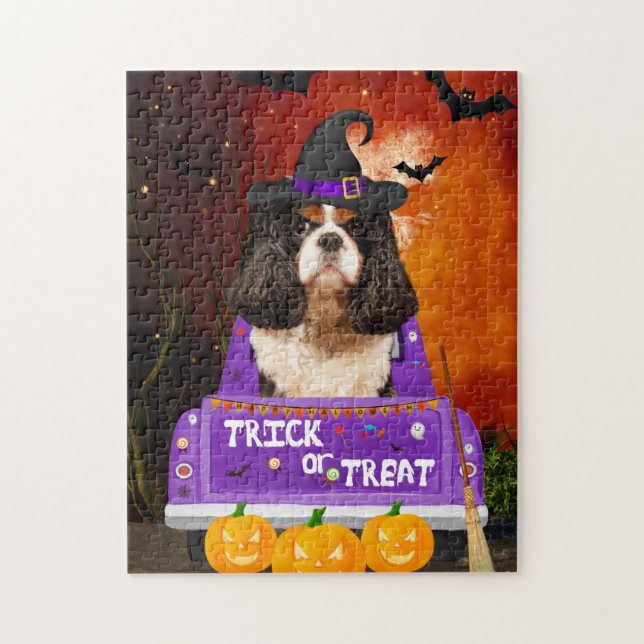 Cavalier Kung Hund i Halloween Lastbil Pussel (Vertikal)