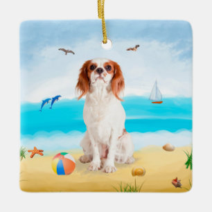 Cavalier Kung Hund på Beach Julgransprydnad Keramik