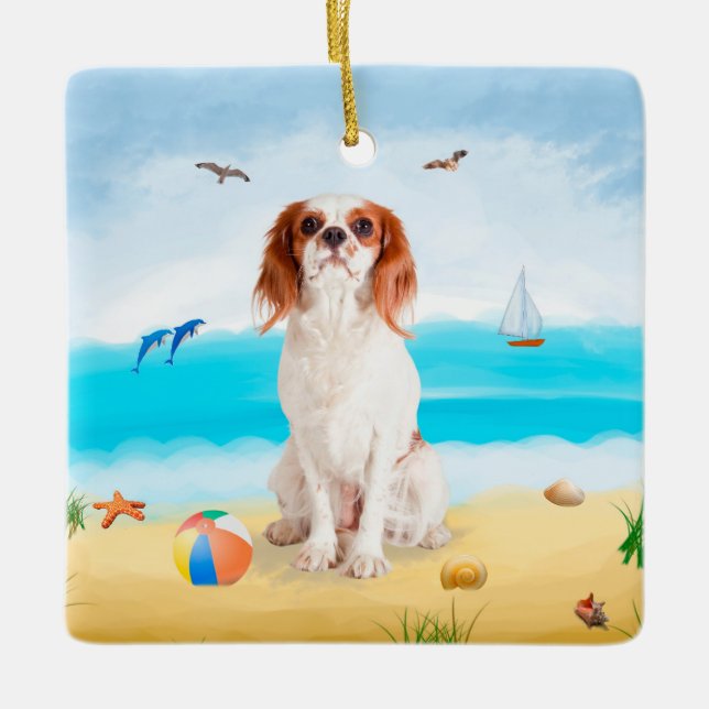 Cavalier Kung Hund på Beach Julgransprydnad Keramik (Framsida)