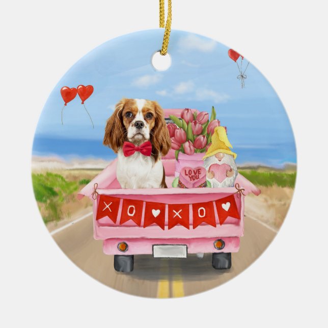 Cavalier Kung Hund Valentine Day Lastbil Hearts Julgransprydnad Keramik (Framsidan)