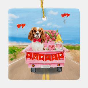 Cavalier Kung Hund Valentine Day Lastbil Hearts Julgransprydnad Keramik