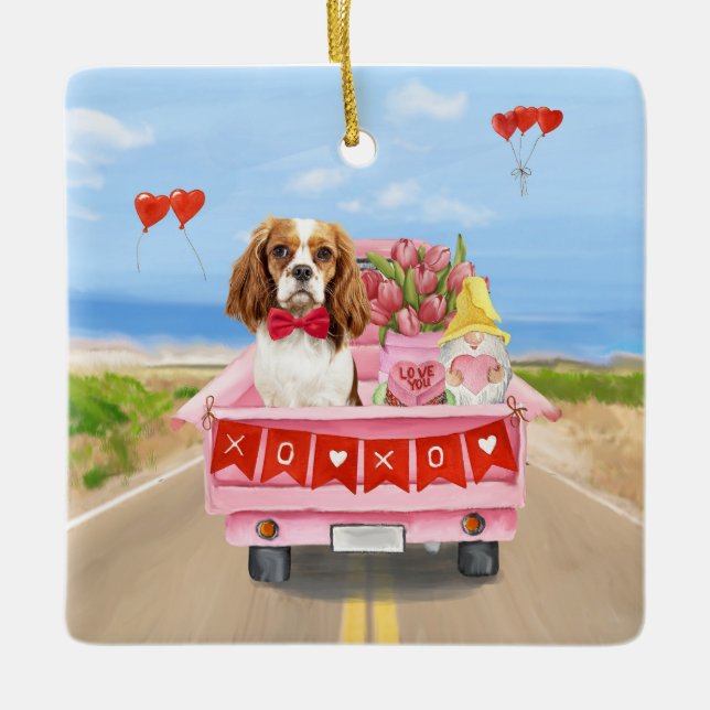 Cavalier Kung Hund Valentine Day Lastbil Hearts Julgransprydnad Keramik (Framsida)