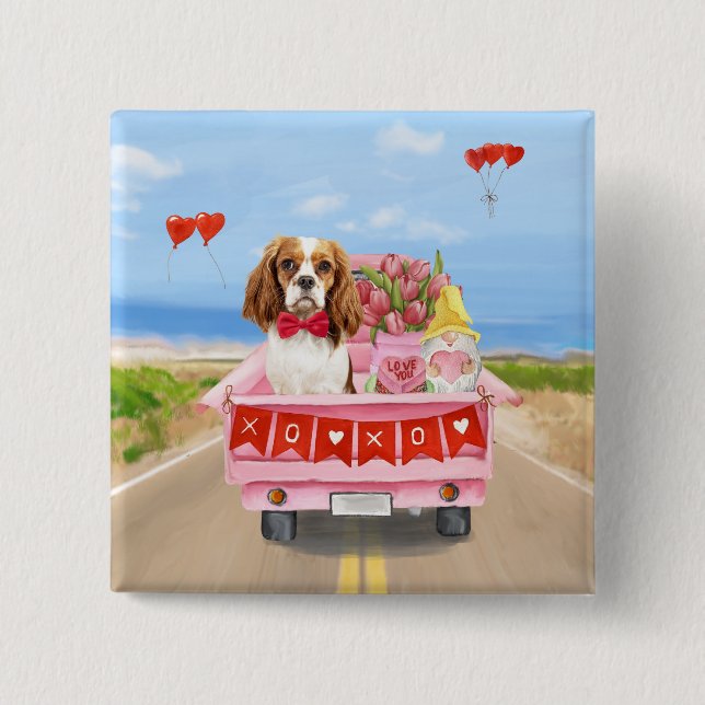 Cavalier Kung Hund Valentine Day Lastbil Hearts Knapp (Framsida)