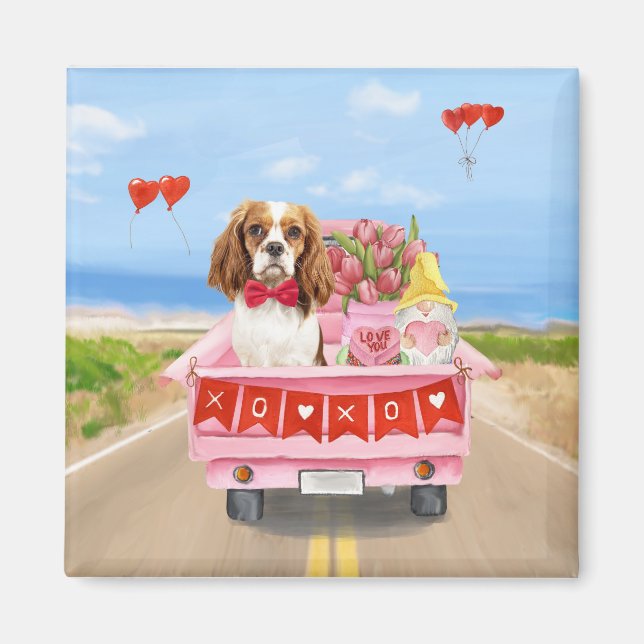 Cavalier Kung Hund Valentine Day Lastbil Hearts Magnet (Framsidan)