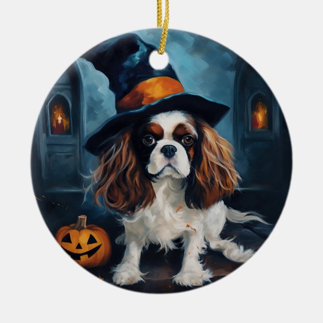 Cavalier Kung Pumpkins Halloween Scary Julgransprydnad Keramik (Framsidan)