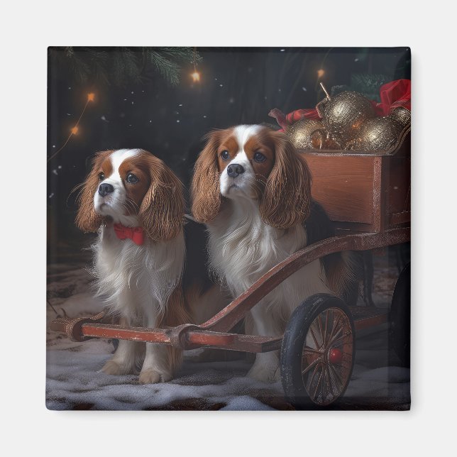 Cavalier Kung Snowy Sleigh-juldekretet Magnet (Framsidan)