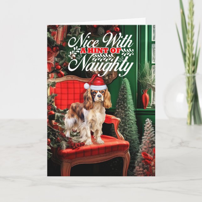 Cavalier Spain jul Hund Naughty eller Nice Helgkort (Framsida)