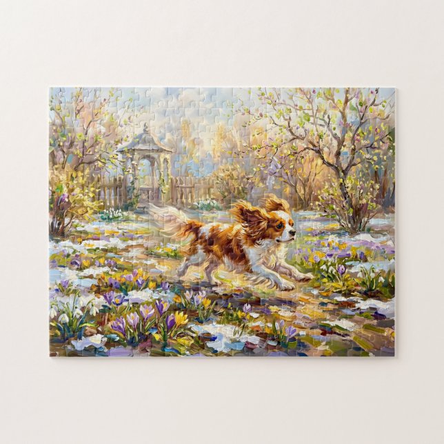 Cavalier Spaniel i blommande vårträdgård Pussel (Horisontell)