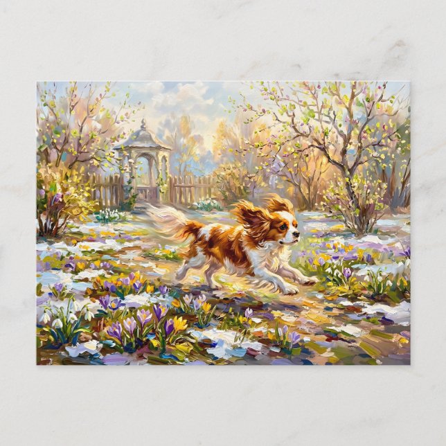 Cavalier Spaniel i blommande vårträdgård Vykort (Framsida)