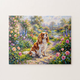 Cavalier Spaniel i sommarterräng vid damm Pussel
