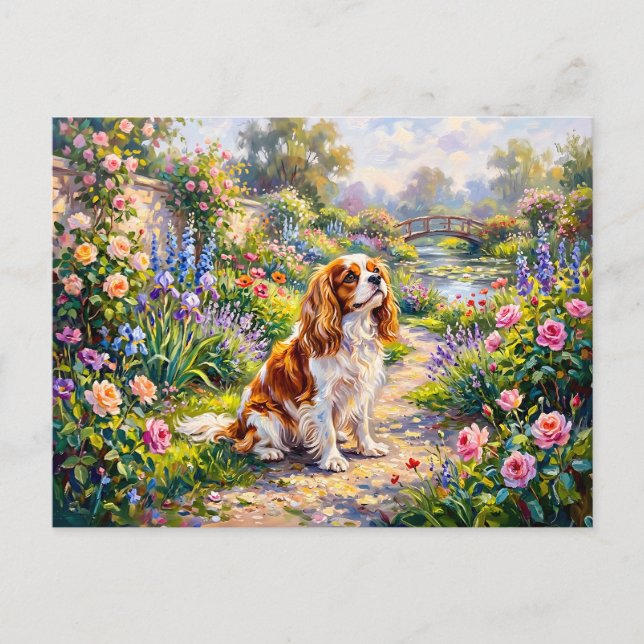 Cavalier Spaniel i sommarterräng vid damm Vykort (Framsida)