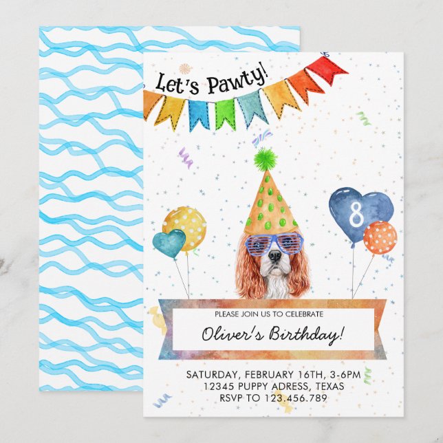 Cavalier Spaniel Låter Pawty Hund Födelsedagsfiran Inbjudningar (Fram/baksida)