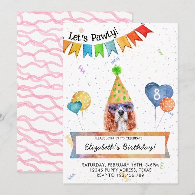 Cavalier Spaniel Låter Pawty Hund Födelsedagsfiran Inbjudningar (Fram/baksida)