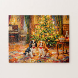 Cavalier Spaniels vid julgranen Pussel