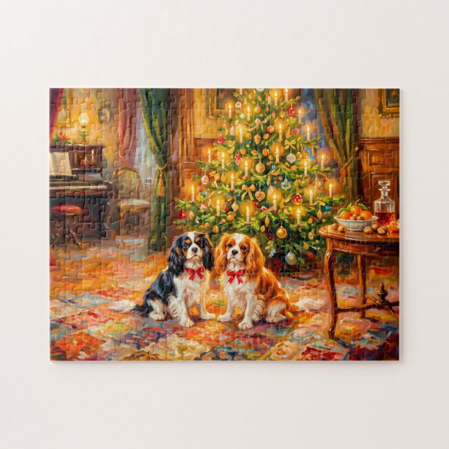 Cavalier Spaniels vid julgranen Pussel (Horisontell)