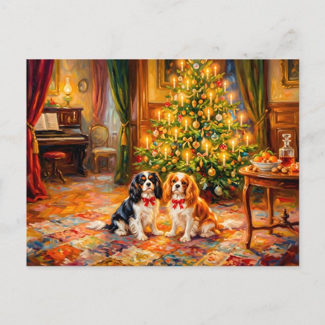 Cavalier Spaniels vid julgranen Vykort (Framsida)