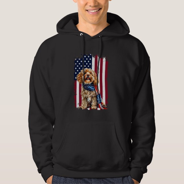Cavapoo American Flagga 4:e juli Cavapoo Hund Kärl Hoodie (Framsida)