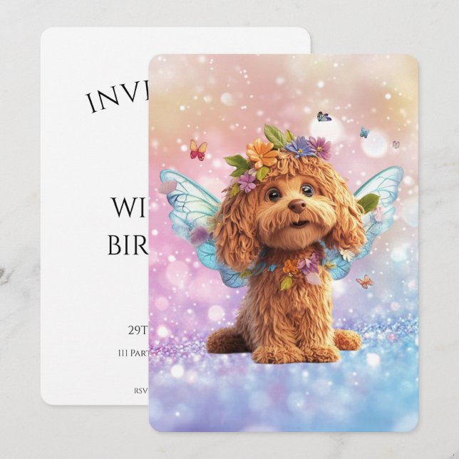 Cavapoo Cavoodle Angel Fairy Birthday Inbjudningar (Fram/baksida)
