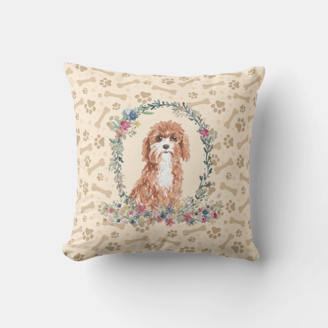 Cavapoo Hund Paw Print & Blommigt Cute Kudde (Framsida)