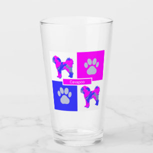 Cavapoo Silhouette Hund & Tass Rosa och Blue Squar Glaskopp
