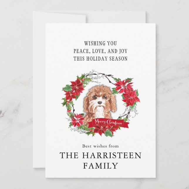 Cavapoo Watercolor Poinsettia God Jul Julkort (Framsida)