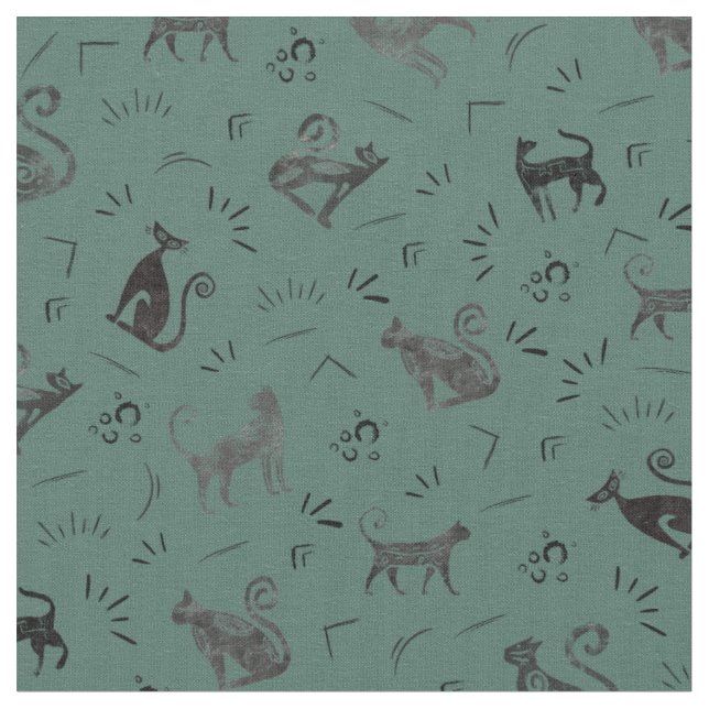 Cave Art Cats on Dark Gray Turquoise Tyg (Närbild)