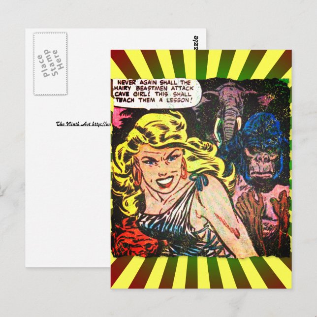 Cave Girl, Gorilla, Elephant Golden Age Tecknad Bo Vykort (Fram/baksida)