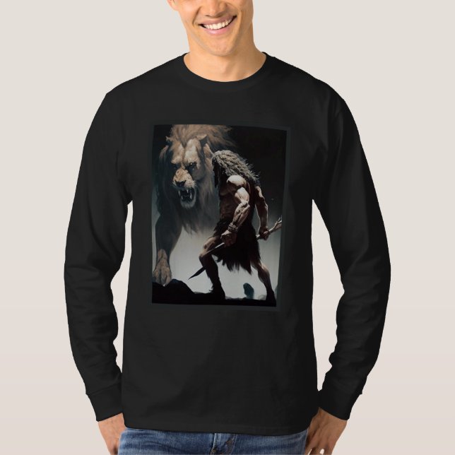 Caveman Warrior with Friendly Lion chasing the sam T Shirt (Framsida)