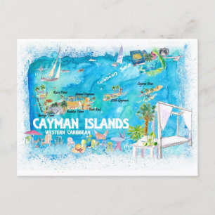 Caymanöarna Illustrated Travel Karta med vägar Vykort