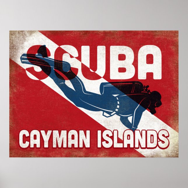 Caymanöarna Scuba Diver - Blue Retro Poster (Framsidan)