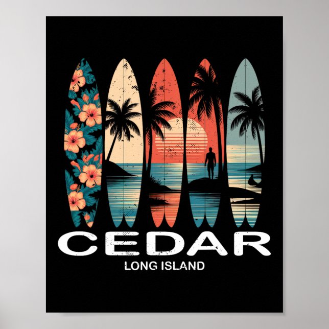 Cedar Beach Long Island Surfboard Surfing Retro  Poster (Framsidan)