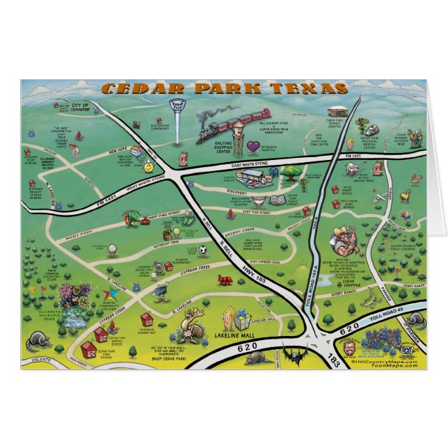 Cedar Park Texas Tecknad Karta Hälsningskort (Framsidan Horizontal)