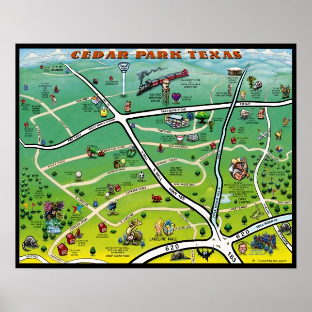 Cedar Park Texas Tecknad Karta Poster (Framsidan)