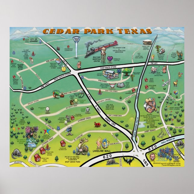 Cedar Park Texas Tecknad Karta Poster (Framsidan)
