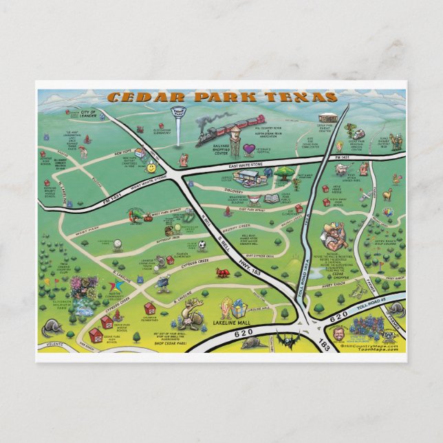 Cedar Park Texas Tecknad Karta Vykort (Framsida)