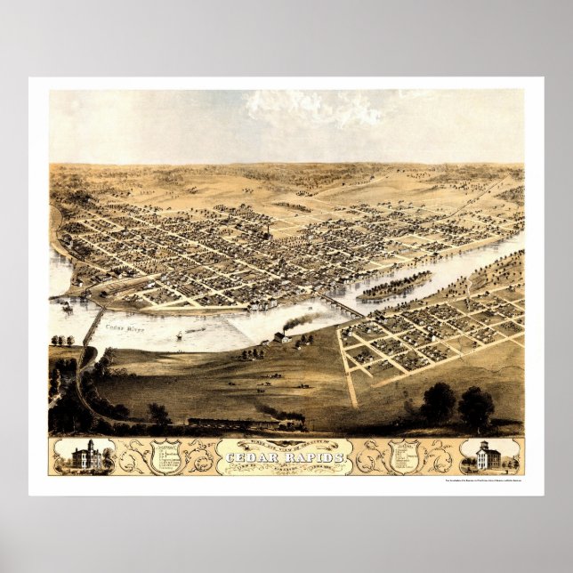 Cedar Rapids, IA Panoramic Karta - 1868 Poster (Framsidan)